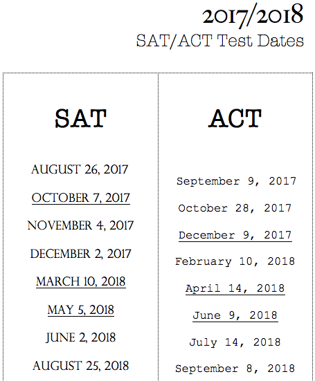 Upcoming SAT/ACT Test Dates, 2017-18